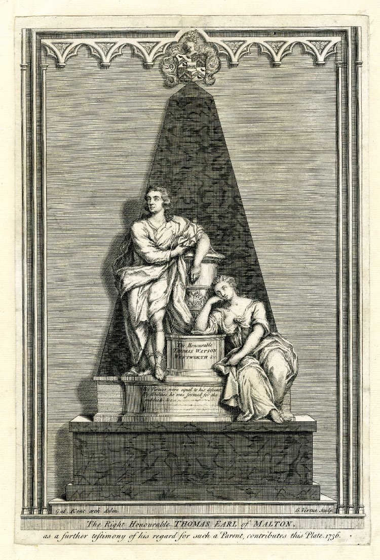 #YorkMinster monument to #ThomasWatsonWentworth 1723 designed 1730 by #WilliamKent Moved in 1923 to present position losing back pyramid & arms. Signed #BGuelfi Romanus Fecit. Engraving of design from #BodleianLibrary collections. Info from #MonumentsinYorkMinster