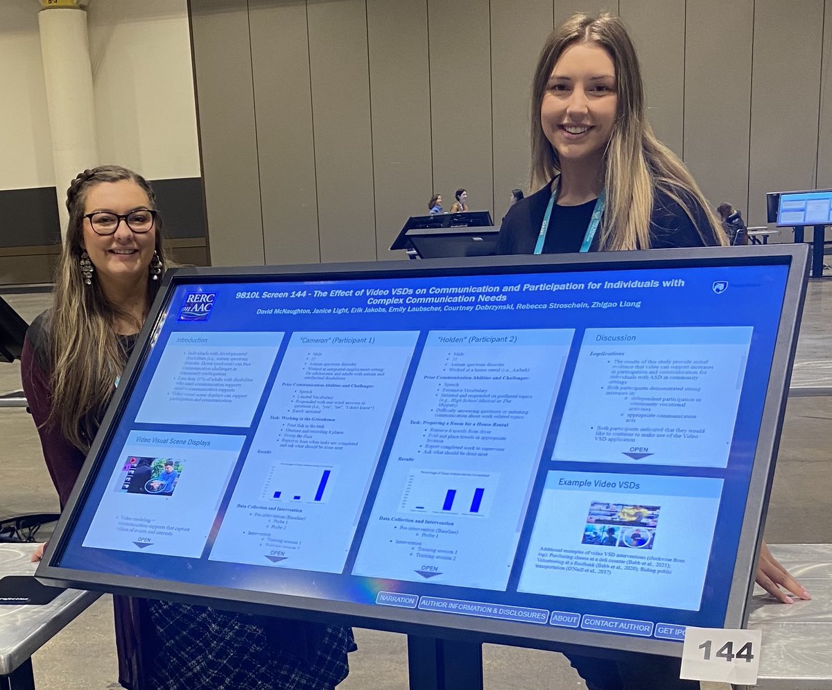 At #ASHA22, Becca Stroschein and Courtney 
Dobrzynski describe the positive impact of video VSDs for two adults on autism spectrum in community employment settings.  <a href="/PennStateCSD/">PennStateCSD</a> #PhDinCSD <a href="/AttainmentCo/">Attainment Company</a>
<a href="/RStroschein/">Rebecca Stroschein</a> <a href="/NARICInfo/">National Rehabilitation Information Center NARIC</a> <a href="/TherapyBox/">Therapy Box</a> #AugComm #AAC_Research #AACslp