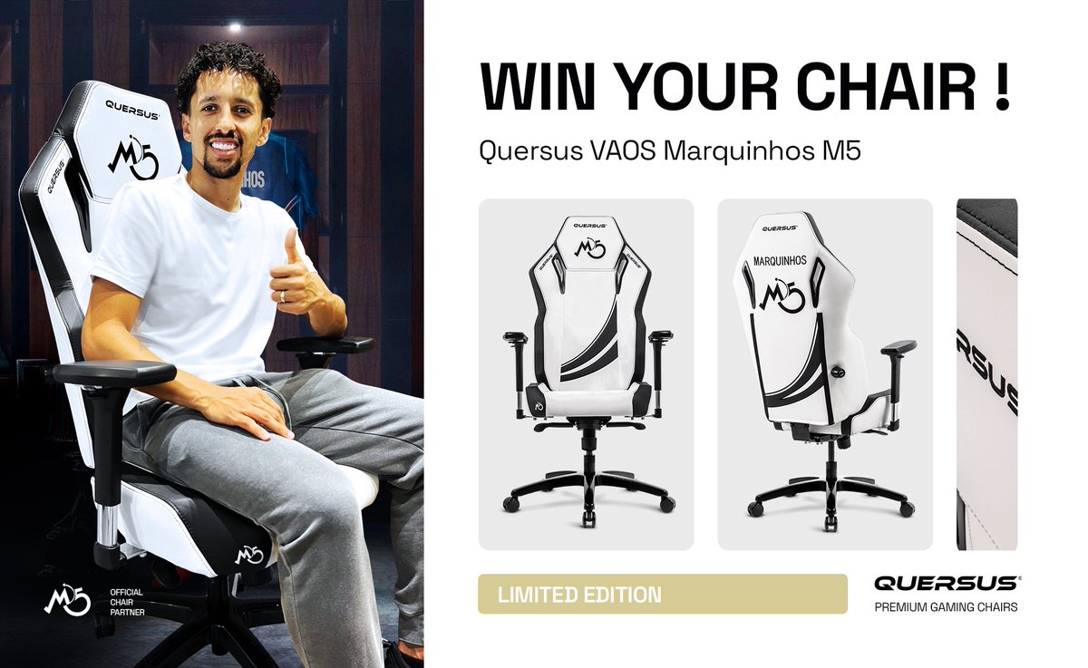 I'm happy to finally launch my M5 Gaming Chair with <a href="/Quersus/">Quersus</a> !
I'm giving away one for you.

To participate :
RT this tweet
Follow <a href="/Quersus/">Quersus</a>
Follow @Marquinhos_M5

🛒 quersus.com/art121_quersus…