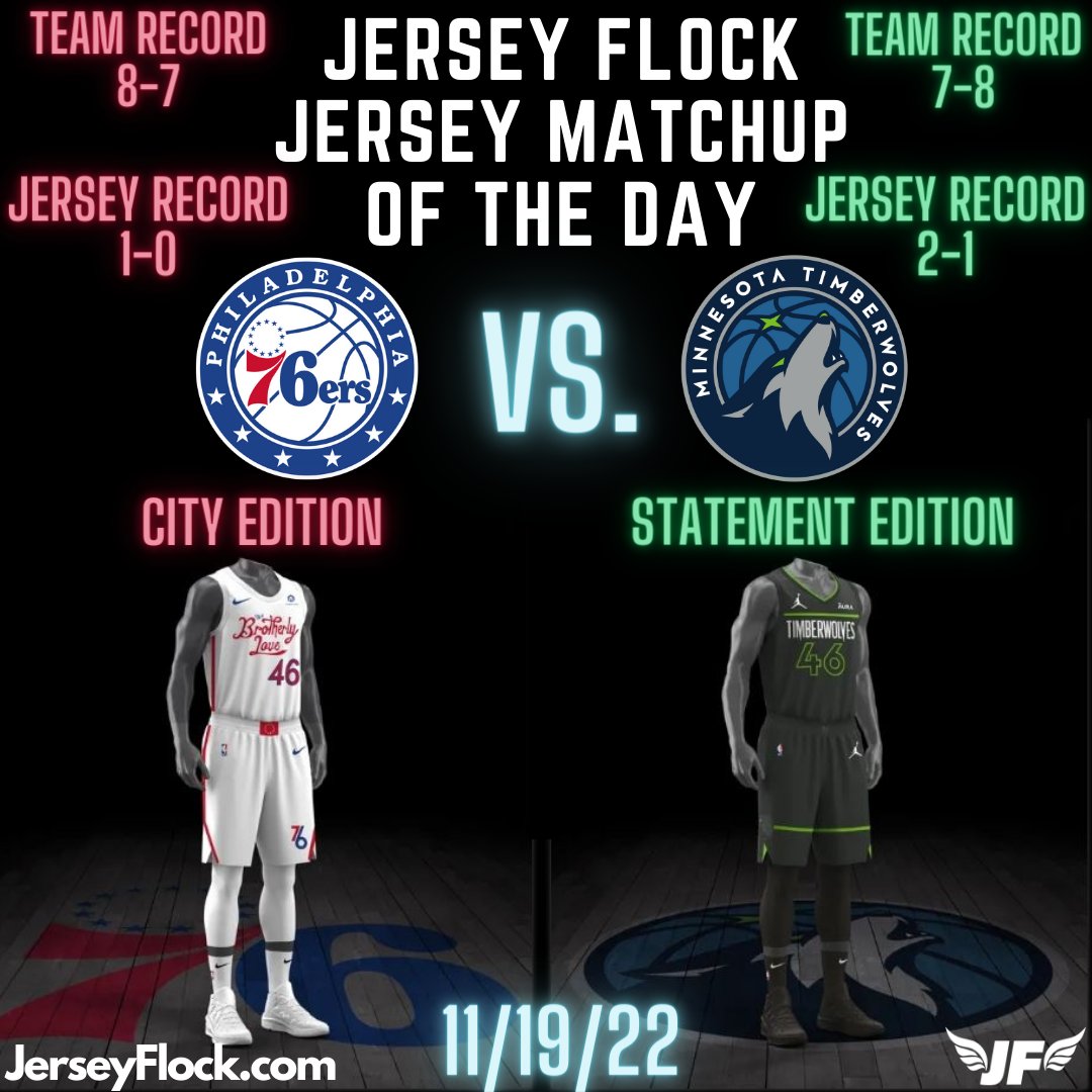 Today's @JerseyFlock Jersey Matchup of the Day! The 76ers wear their new 'City of Brotherly Love' edition jerseys tonight 🔥 They go against the Timberwolves and their statement edition unis, which are also new for this year. Who you got winning?