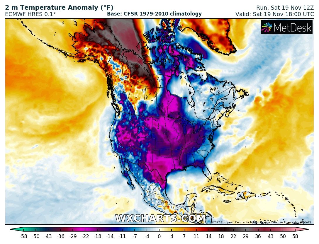 ScottDuncanWX's tweet photo. Extremely cold across broad areas of North America right now with record-breaking snow around the Great Lakes.

Also very anomalous warmth in the Arctic, above freezing locally north of Yukon. https://t.co/SkCTUxMOtE
