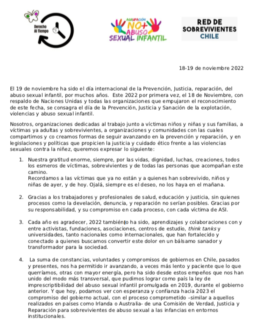 VinkaJackson's tweet photo. Con amor, resolución, con memoria y empeños presentes por vidas preferidas, con ánimo de cambios de mundo que cuiden a NNA, esta carta de 3 organizaciones hermanas que trabajan en la esfera de prevención, justicia y reparación de violencias sexuales contra NNA en CHile: #Nov18 https://t.co/Xjd5ElJViL