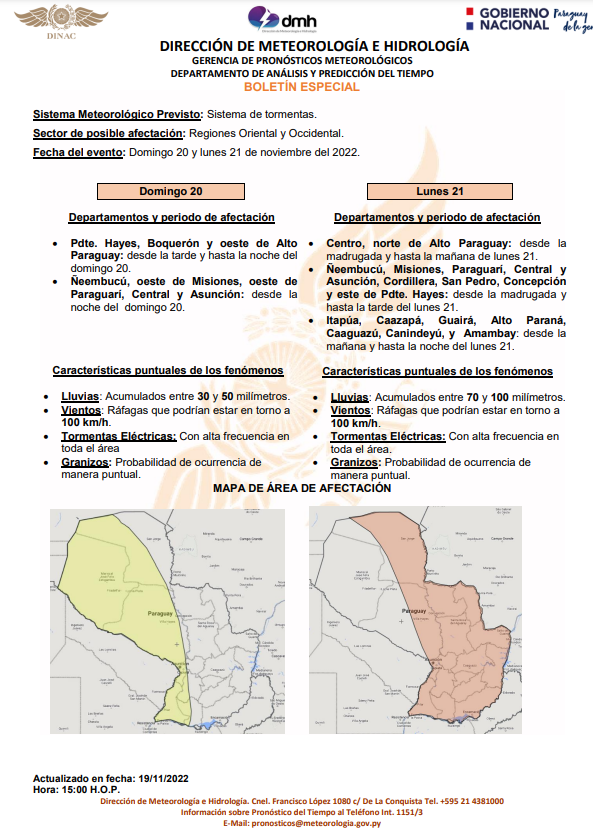 Boletín Meteorológico Especial por Sistema de Tormentas. 
Enlace: meteorologia.gov.py/wp-content/upl…
Fecha: 19/11/2022
Hora: 15:15 h.
