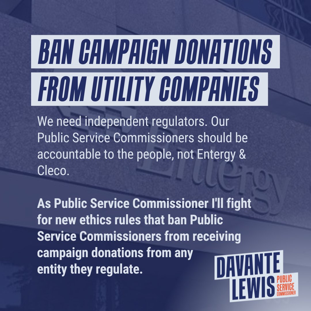 davantelewis's tweet photo. We're starting a new series called #SolutionSundays!
This Sunday, we're talking about banning utility companies from giving campaign contributions to Public Service Commissioners. The #LAPSC needs to be accountable to the people, not Entergy and Cleco.
Do you agree? https://t.co/6ADzcnvuy1