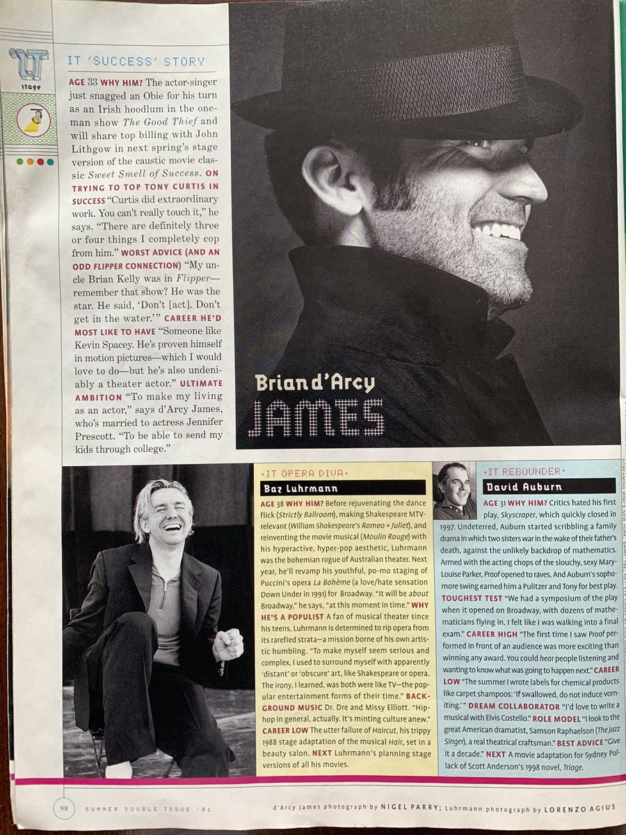Pg 98

It ‘Success’ Story: Brian d’Arcy James (33) of The Good Thief and the upcoming Sweet Smell of Success

It Opera Diva: Baz Luhrmann (38) of the upcoming Broadway “po-mo staging” of La Bohéme

It Rebounder: David Auburn (31) of Proof