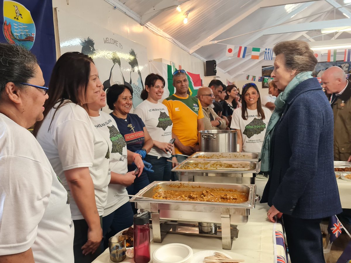 The Princess Royal with members of our Zimbabwean and St Helenean communities at the multicultural day at Goose Green today - 86 different nationalities were counted in the Falklands at the last census and people from 68 different countries had made the Falklands their home