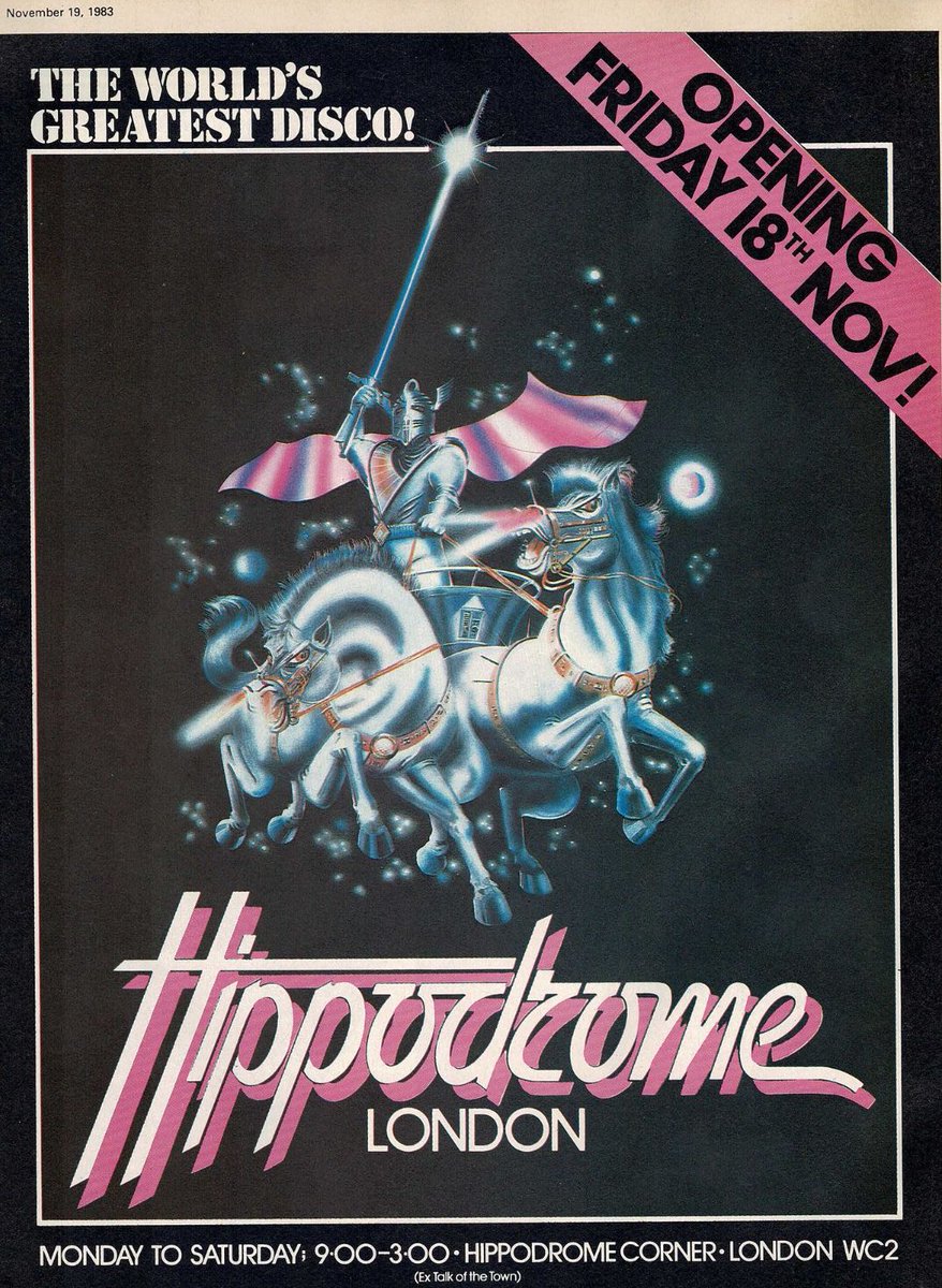 Telekonoid's tweet photo. Bring On The Dancing Horses 🪩

The legendary #Hippodrome (that put 'queue' in discotheque) opened this weekend 1983 🐎

#PeterStringfellow #weekendvibes https://t.co/wdEDJkrAbk