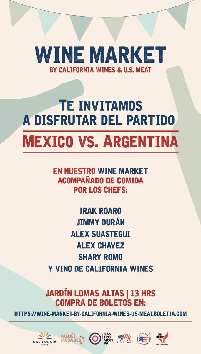 Tambien tendremosnun wine market de vinos de California, USA con pantallas para ver el partido de Mexico vs Argentina