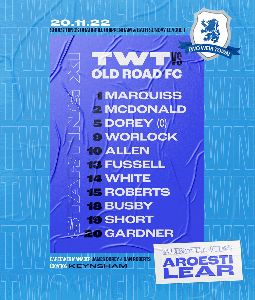 TwoWeir's tweet image. Dorey and Robes take charge in the Gaffer's absence against Old Road this morning, after two weeks without a game 💪

💂Gards returns to midfield
©️ Dorey returns to centre back alongside Fussell
👟Shorty starts upfront alongside Worlock and Busby

Up the bloody Two Weir!!! 🍻