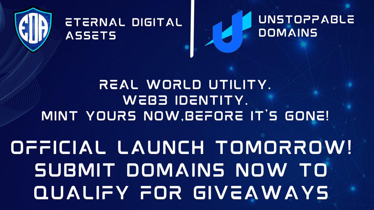 EDA_WEB3's tweet photo. “Excited to launch EDA tomorrow in support of Unstoppable Domains. #UDfam #dontgetdashed #popdomains #sheldon_eda #unstoppableweb It’s undisputable- these blockchain domains are the future of digital identity - from hosting a website to resolving complicated crypto addresses!” https://t.co/XyDRHKrX8F