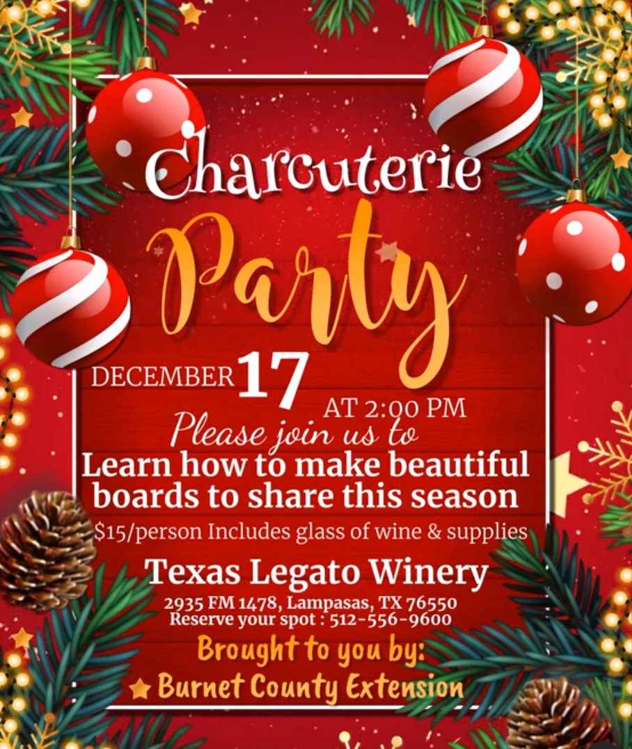 🎄 Interested in learning how to make charcuterie boards? Come learn with us on Dec. 17th!
#charcuterie #txwine #wine #charcuterieparty #lampasastx #lampasas #wineandfood