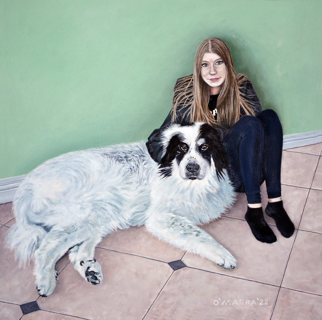 #commissionedportrait 'Kaitlyn and Charlie' oil on canvas 24x24 #painting #oils on #canvas #faces #art #artist #artgallery #artcollector #realism #highrealism #hyperrealism #contemporaryart #visualart #realistpainting #dogportrait #dogpainting