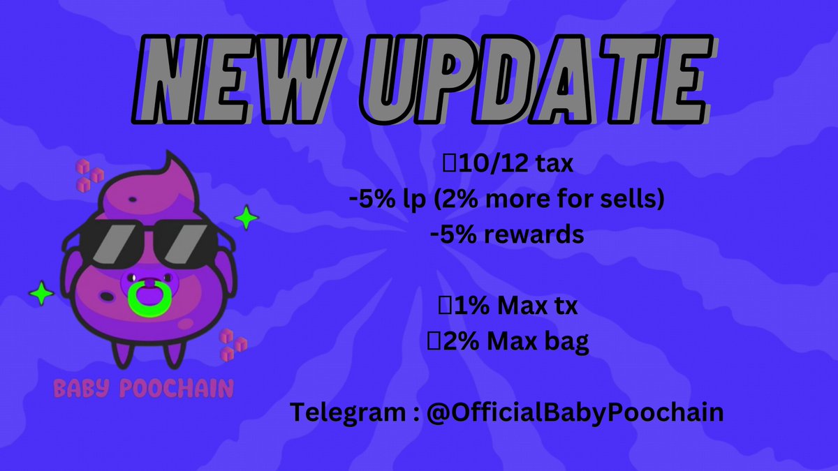 BabyPoochainBSC's tweet photo. New update : 

💩10/12 tax
-5% lp (2% more for sells)
-5% rewards

💩1% Max tx
💩2% Max bag

#BabyPoochain #poochain #Bsc #newGem #100x #Bnb #Poo #Chain https://t.co/awdl8PgjG9