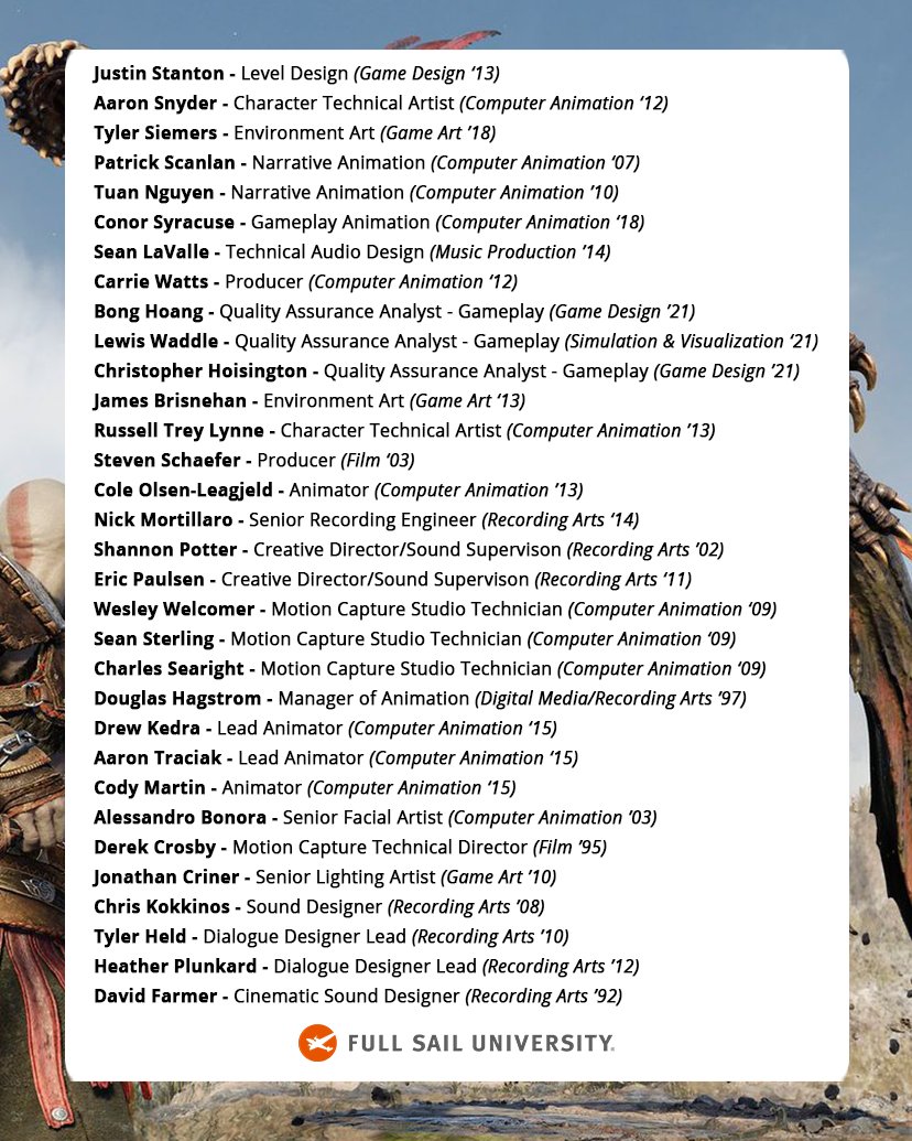 FullSail's tweet photo. Congratulations to the Full Sail grads that contributed to #GodOfWarRagnarok
😁🙌🧡

If we missed you on our list, please reach out to your Career Development Advisor so we can keep our records up-to-date. https://t.co/ylXbiZTpDq