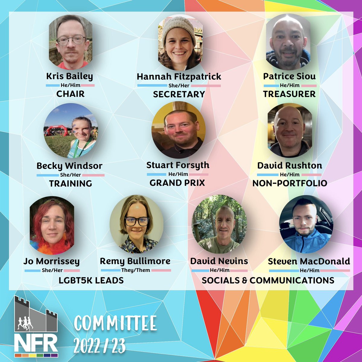 Big hello from the NFR Committee for 2022/23 🏳️‍🌈 👋 Some new faces, some members have stayed or changed role, and two members have stood down. Thank you to Kristian and Jocasta for all their work 🙌 #frontrunners #LGBTQ #running #runclub #pride