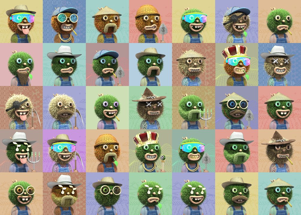 __LVRS__'s tweet photo. A sampling of the 43 Mojo Farmers. They range from meager farm hands to moneyed landed gentries... crown and all! There are are also a handful of ultra rares that won't be revealed until redemption on 11.28.2022! Pick up a redemption voucher on Dexie: https://t.co/3YKNs9esPq https://t.co/bBwZaZREep