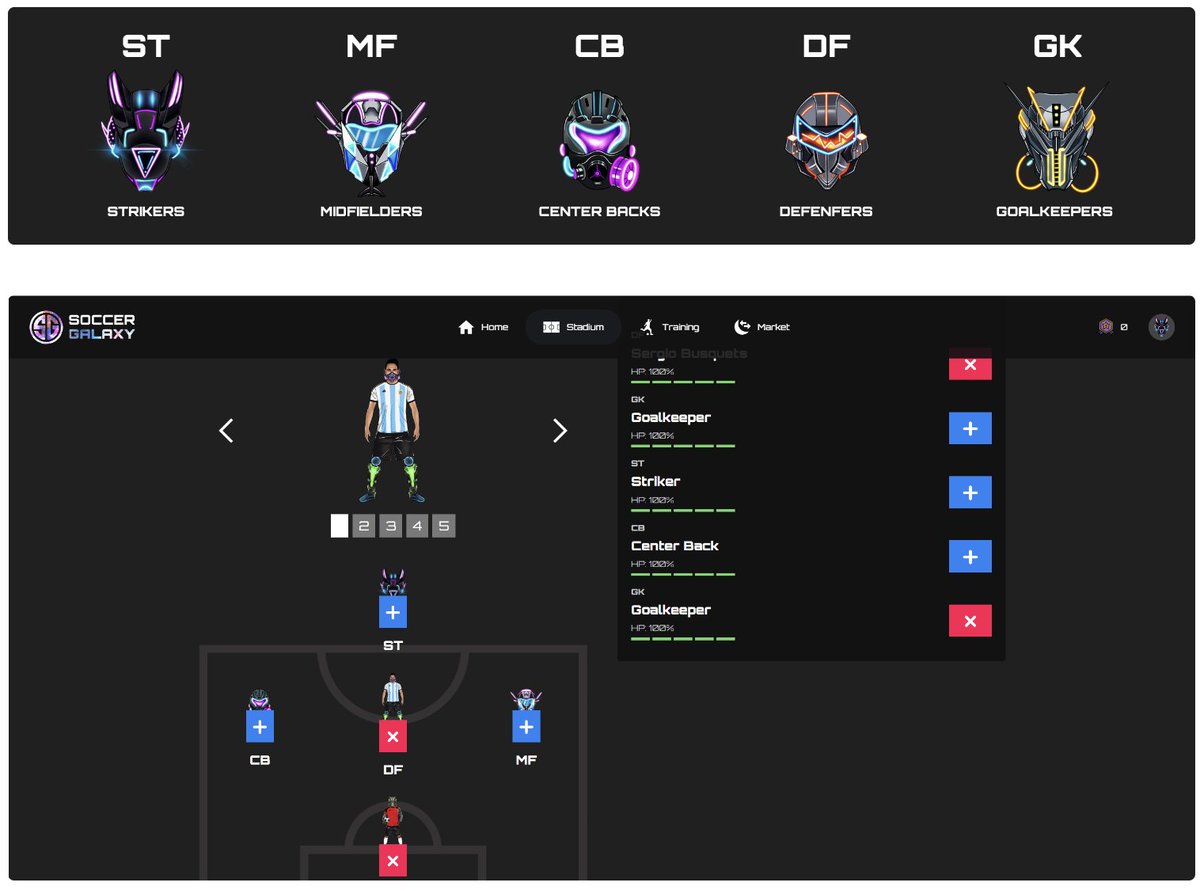 To line up a team, you need 5 Players with all positions to start participating in Stadiums. There are 2 different options to start building your team. A team is build up by 5 different positions: Strikers (ST) Midfielders (MF) Defenders (DF) Goalkeepers (GK) Center Backs (CB