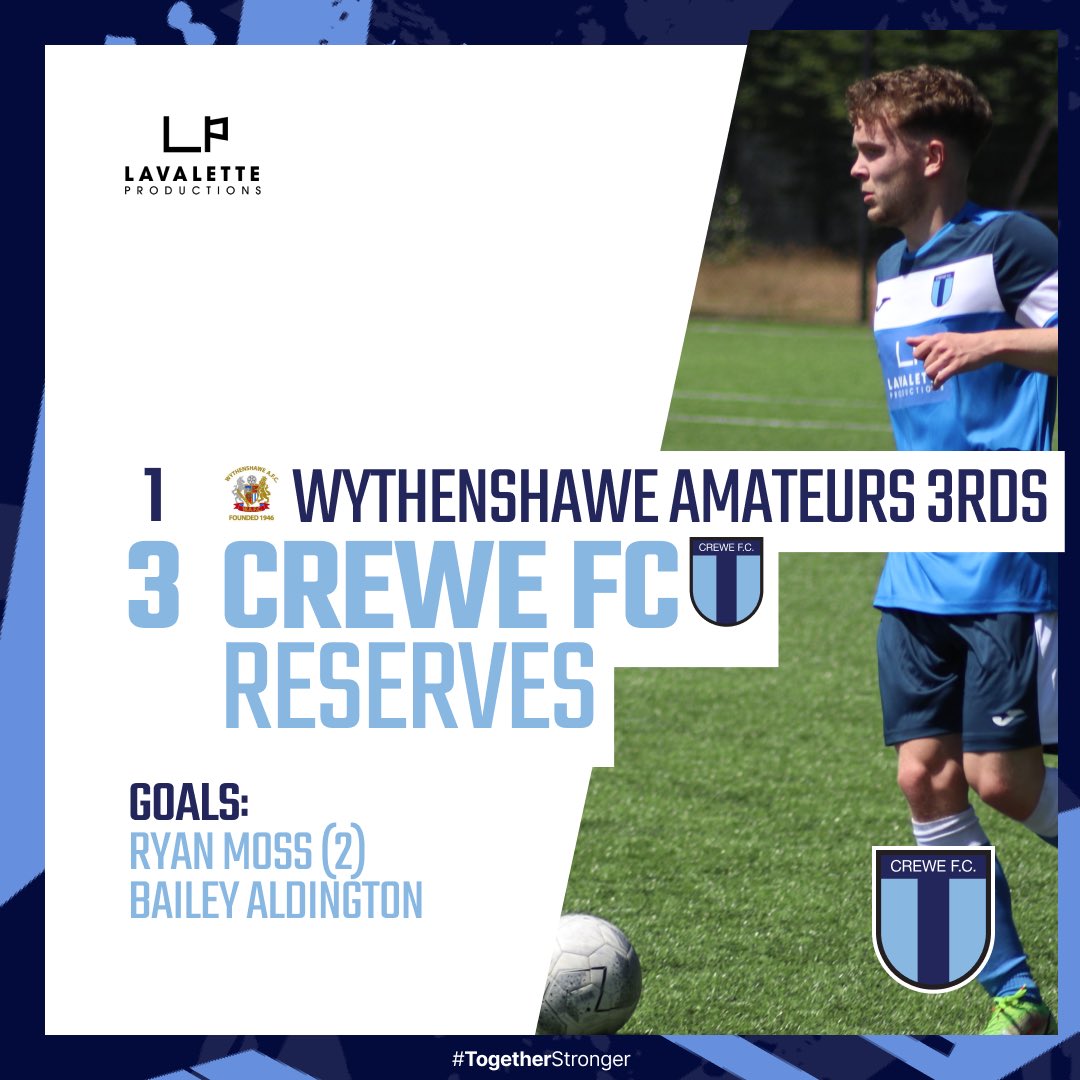 Crewe FC Reserves (@crewefcreserves) on Twitter photo FT: @wythenshaweafc 3rds 1-3 <a href="/CreweFCReserves/">Crewe FC Reserves</a>
@RyanMossy_ double and a goal from Aldington see <a href="/steve_parky/">Steve Parker</a> & <a href="/MikeyMc03/">Mike McDonald</a>โs side safely through to the next round of the <a href="/CheshireFL/">Cheshire Football League โฝ๏ธ</a> Reserve Division Challenge Cup.
Not a classic, but job done.
#TogetherStronger FT: @wythenshaweafc 3rds 1-3 <a href="/CreweFCReserves/">Crewe FC Reserves</a>
@RyanMossy_ double and a goal from Aldington see <a href="/steve_parky/">Steve Parker</a> & <a href="/MikeyMc03/">Mike McDonald</a>โs side safely through to the next round of the <a href="/CheshireFL/">Cheshire Football League โฝ๏ธ</a> Reserve Division Challenge Cup.
Not a classic, but job done.
#TogetherStronger