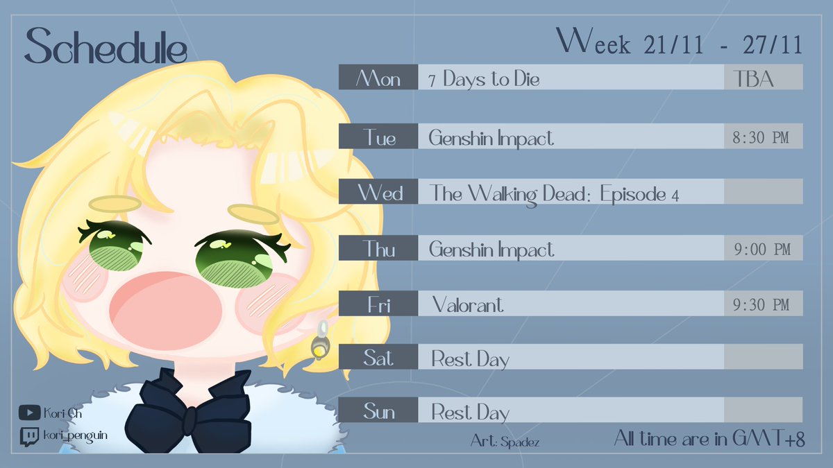 Kori_Penguin's tweet photo. 🐧 SCHEDULE UPDATE🐧
NOV 21 - NOV 27
Change of Time
GEN TAG: #PenguKori
ART TAG: #Korillust
LIVE TAG: #LiveKori
NSFW TAG: #Korgasm https://t.co/sT98aIgDHs