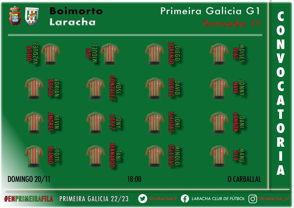 Laracha Club de Fútbol (@larachacf) on Twitter photo 💂🏻♂️ Temos a Garda Real para formar a partir das 16:00 horas en <a href="/CFBoimorto/">C.F. Boimorto</a>
🤠 Se busca: Retomar o camiño da vitoria dunha vez
👶 Entra por primeira vez cos maiores o Xuvenil Dani Cambón. Volta Minolo
🤕 Pape únese a Sergio e Añón na lista de mancados
#EnPrimeiraFila 💂🏻♂️ Temos a Garda Real para formar a partir das 16:00 horas en <a href="/CFBoimorto/">C.F. Boimorto</a>
🤠 Se busca: Retomar o camiño da vitoria dunha vez
👶 Entra por primeira vez cos maiores o Xuvenil Dani Cambón. Volta Minolo
🤕 Pape únese a Sergio e Añón na lista de mancados
#EnPrimeiraFila