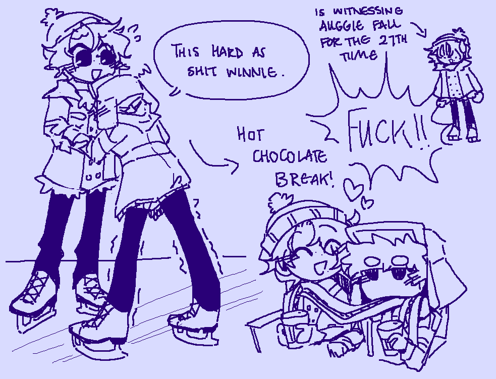 lochuu_tea's tweet photo. OKAY I HAD A THOUGHT EATING MY BRAIN SO. winnie and auggie going on the ice rink together (hot chocolate idea by @/mister_rockin)
#coldfront #coldfrontgame https://t.co/zrH4ej6CRV