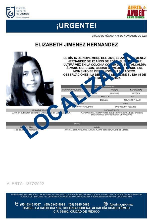 Ernestina Godoy Ramos (@ernestinagodoy_) on Twitter photo Localizamos a Elizabeth, sana y salva. Nuestros detectives de <a href="/PDI_FGJCDMX/">Policía de Investigación</a> la ubicaron en la terminal de autobuses en Pachuca, Hidalgo. Su familia ya fue informada y pronto se reencontrará con la adolescente.
Más información en breve. Localizamos a Elizabeth, sana y salva. Nuestros detectives de <a href="/PDI_FGJCDMX/">Policía de Investigación</a> la ubicaron en la terminal de autobuses en Pachuca, Hidalgo. Su familia ya fue informada y pronto se reencontrará con la adolescente.
Más información en breve.