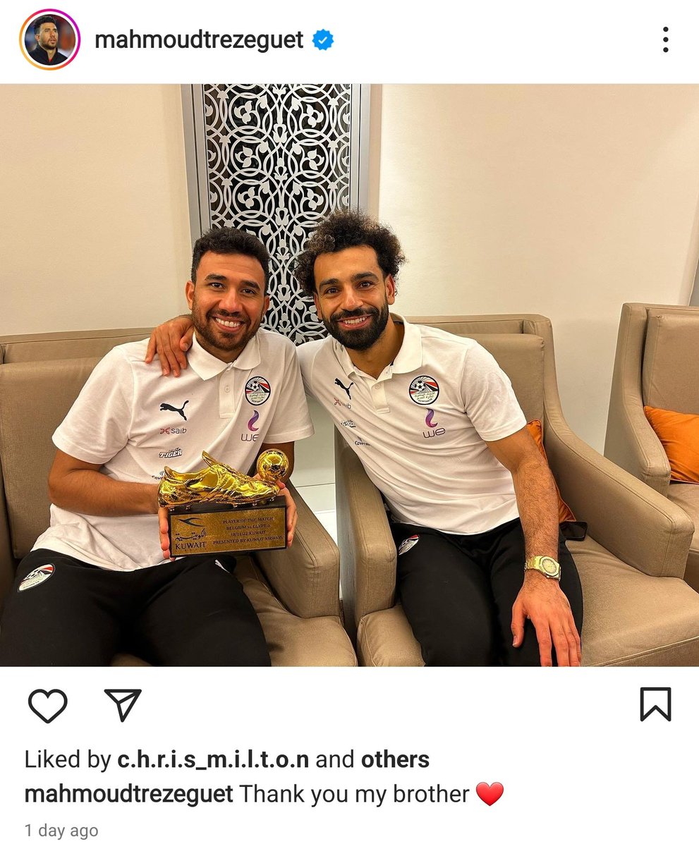 DaveOCKOP's tweet photo. Mohamed Salah presented Trezeguet with his man of the match award after the Ex Villa forward scored Egypt's winning goal against Belgium. I recall Salah presenting James Milner with his man of the match award on Milner's 500th Premier League appearance. Great player, great person https://t.co/eOf5NyToUx