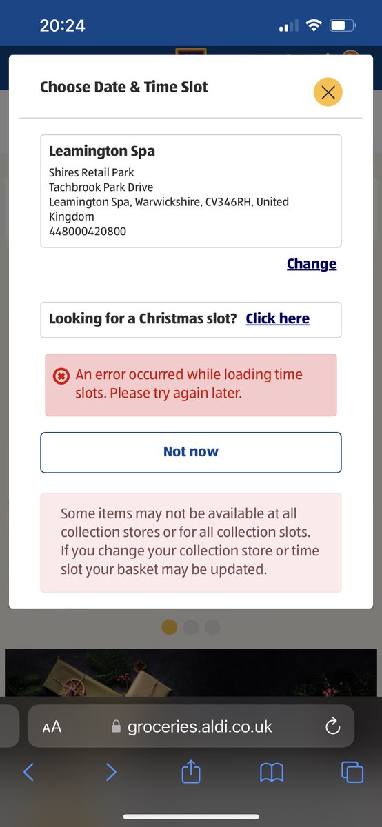 belgiss's tweet photo. @AldiUK hi, I’ve been trying to book a Christmas slot since Friday, and it’s still showing an error. When can we actually book a Christmas slot? https://t.co/MimKGW3HWL