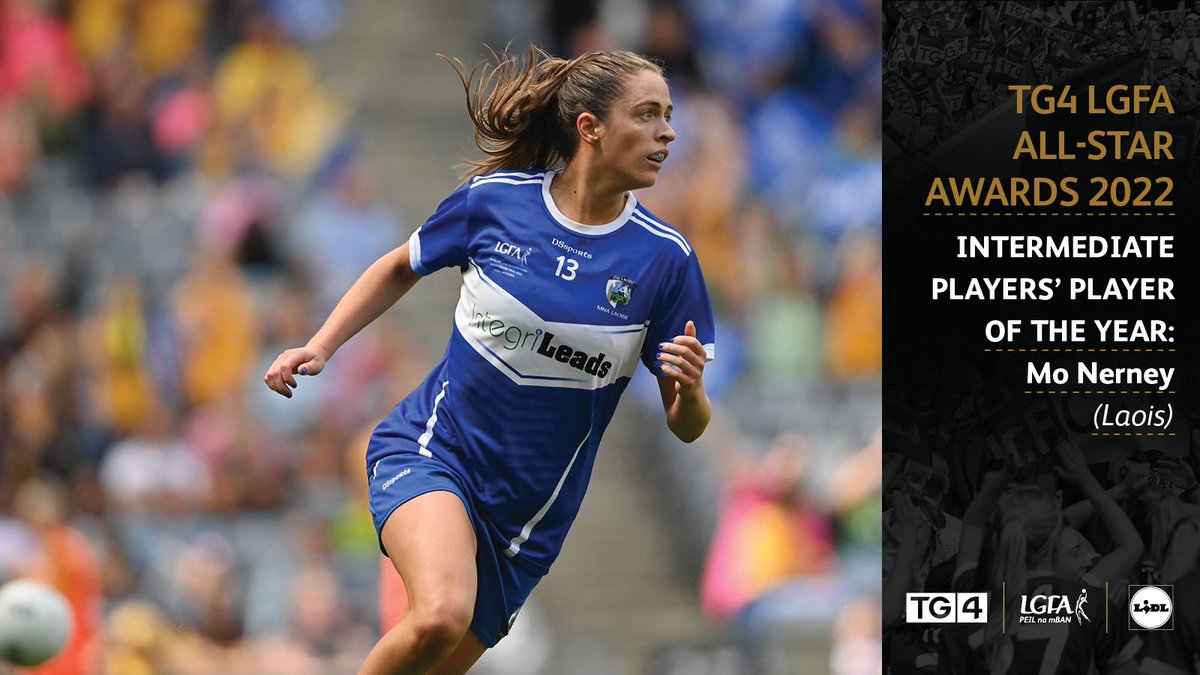 LadiesFootball's tweet photo. 💫 Our 2022 @TG4TV Intermediate Players’ Player of the Year award winner is @MoNerney of Timahoe and @LaoisLadies 

Mo was top scorer in the 2022 TG4 All-Ireland Championships with 5-31 and recently named on the TG4 Intermediate Team of the Championship 👏 ⭐️ 

#TG4Allstars https://t.co/1ABR59LW0w