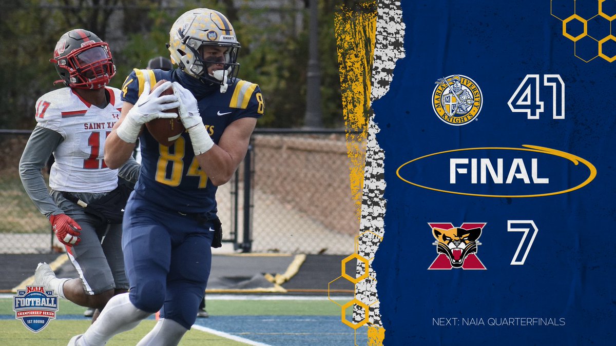 Marian Knights (@muknights) on Twitter photo FB | FINAL | Marian 41-7 ST. Xavier
<a href="/MarianUFootball/">Marian Football</a> is moving on!!
The Knights are advancing to the NAIA Quarterfinals for the second straight season, a dominant performance by the entire team!! FB | FINAL | Marian 41-7 ST. Xavier
<a href="/MarianUFootball/">Marian Football</a> is moving on!!
The Knights are advancing to the NAIA Quarterfinals for the second straight season, a dominant performance by the entire team!!