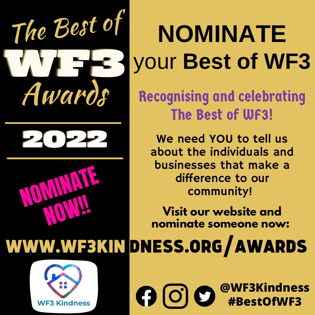 🏆 THE BEST OF WF3 AWARDS🏆
Some BIG announcements to come SOON on our latest awards. Who will YOU nominate for a BEST OF WF3 award?

➡️ Visit the awards section on our website to find out more and to send a NOMINATION NOW: wf3kindness.org/awards
#wf3kindness 
#bestofwf3