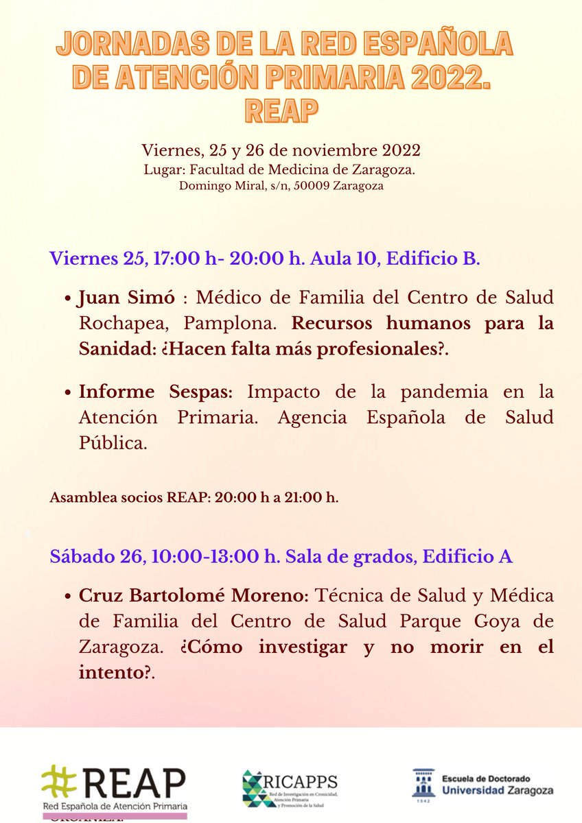 Jornadas de la REAP, en Zaragoza.
25 y 26 de noviembre de 2022.
Puedes inscribirte gratuitamente vía <a href="/Blog_REAP/">Blog REAP</a> en cutt.ly/nMJZh56