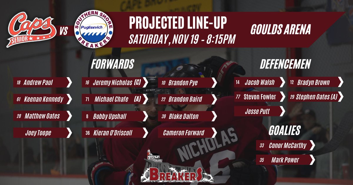 SrBreakers's tweet photo. Here is #YourBreakers projected line-up for TONIGHT!

Conor McCarthy makes his first start of the season as the @SrBreakers take on the @SJSeniorCaps in the Goulds! 

➡️ PUCK DROP 8:15 PM ⬅️ 

#GoBreakersGo
@NLsrHockey https://t.co/MeVv1tOkYe