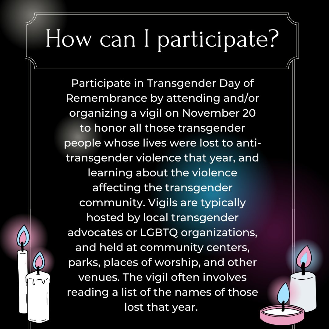 kyc_lgbtqcenter's tweet photo. Trans Day of Remembrance is coming up on 11/20 🏳️‍⚧️ 🕯️

Not sure what TDOR is? Scroll through our posts to gain some backstory on where this day came from and how YOU can participate.
.
.
.
#tdor #tdor22 #transdayofremembrance  #LGBTQIA  #wearekyc #chicago #northwestsuburbs https://t.co/oyGphAZ9c1