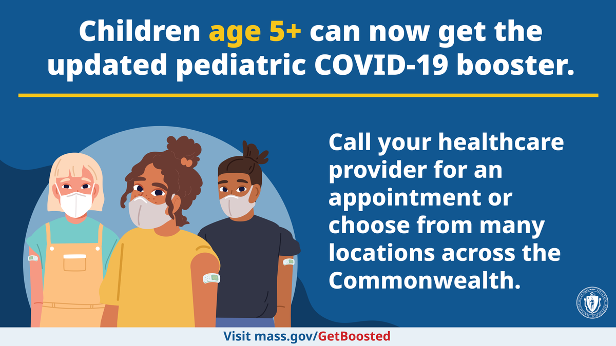 The COVID-19 booster helps protect against new variants. Now kids 5 years and older can get the updated pediatric booster. Call your child’s health care provider for an appointment, or find a vaccination location near you: mass.gov/GetBoosted