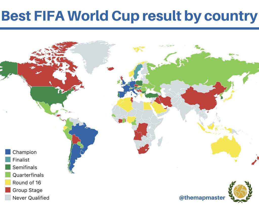 AddictMap's tweet photo. One day left for the World Cup, here is a map of the best result by country | Source: https://t.co/Wh4msy7Bun #maps #geography https://t.co/OTID3Q4Hss