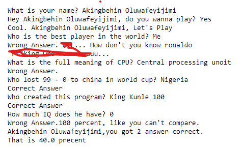kingkunle100's tweet photo. While away, created a pretty much small game with python🫣, which I call question game.  It basically asks you different question and you supply with right answers, then it tell your score and percent...
#30dayschallange #trending  #SSAGDSC30DaysChallenge #DeveloperStudentClubs https://t.co/Meki3axloF