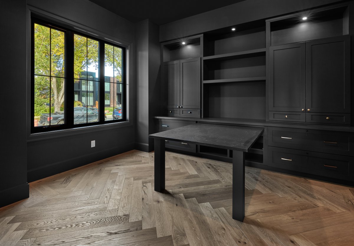 M O N O C H R O M E 🖤

This home office gives us all the feels.  We love the moody monochrome mood it gives. The gorgeous custom millwork-built ins, paired with the stunning herringbone hardwood floor, this room is a complete showstopper, we couldn't be happier for our clients!