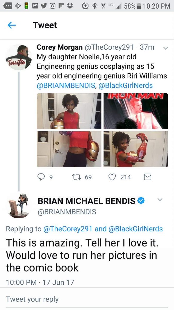 TheCorey291's tweet photo. The reason why nobody can badmouth @BRIANMBENDIS around me lol!  Noelle was 15 when Bendis introduced us to a 15 yr old Riri Williams. For the first time, she felt "seen". That representation inspired &amp; helped her through highschool and to her engineering degree in college. https://t.co/ky8Op1bPIV