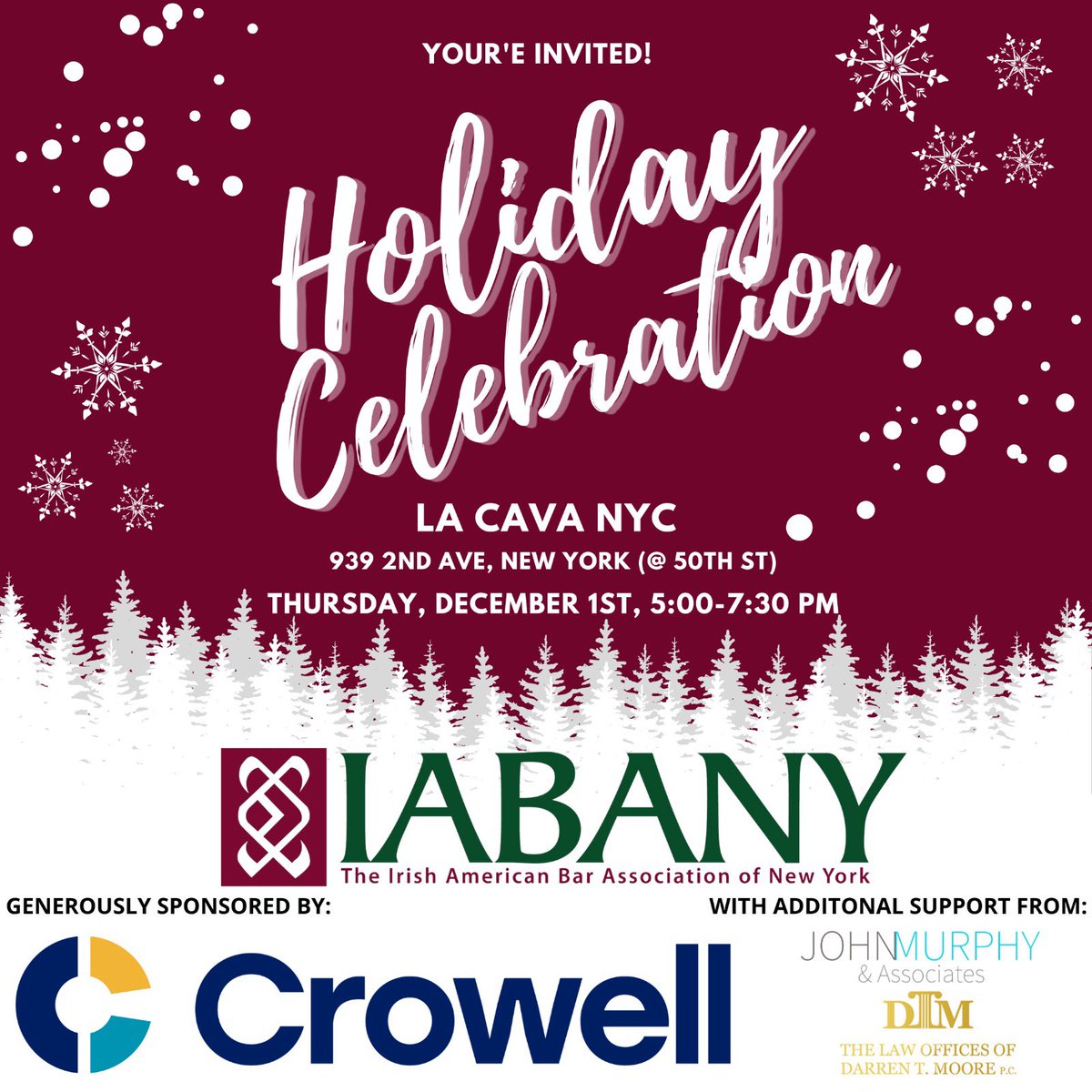 Join The Irish American Bar Association of New York for our Holiday Celebration on December 1st! Register Here: lnkd.in/ea26AxPg Special thanks to our sponsor <a href="/Crowell_Moring/">Crowell & Moring</a> and supporters! <a href="/_IABANY/">IrishAmerican Bar NY</a> <a href="/IrelandinNY/">Irish Consulate NYC</a> <a href="/BrehonLawNYC/">Brehon Law</a>