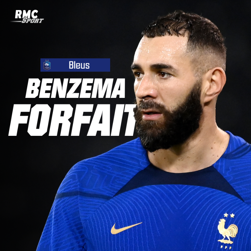 RMCsport's tweet photo. 🚨 Karim Benzema est forfait pour la Coupe du monde. C'est un terrible coup dur pour les Bleus.