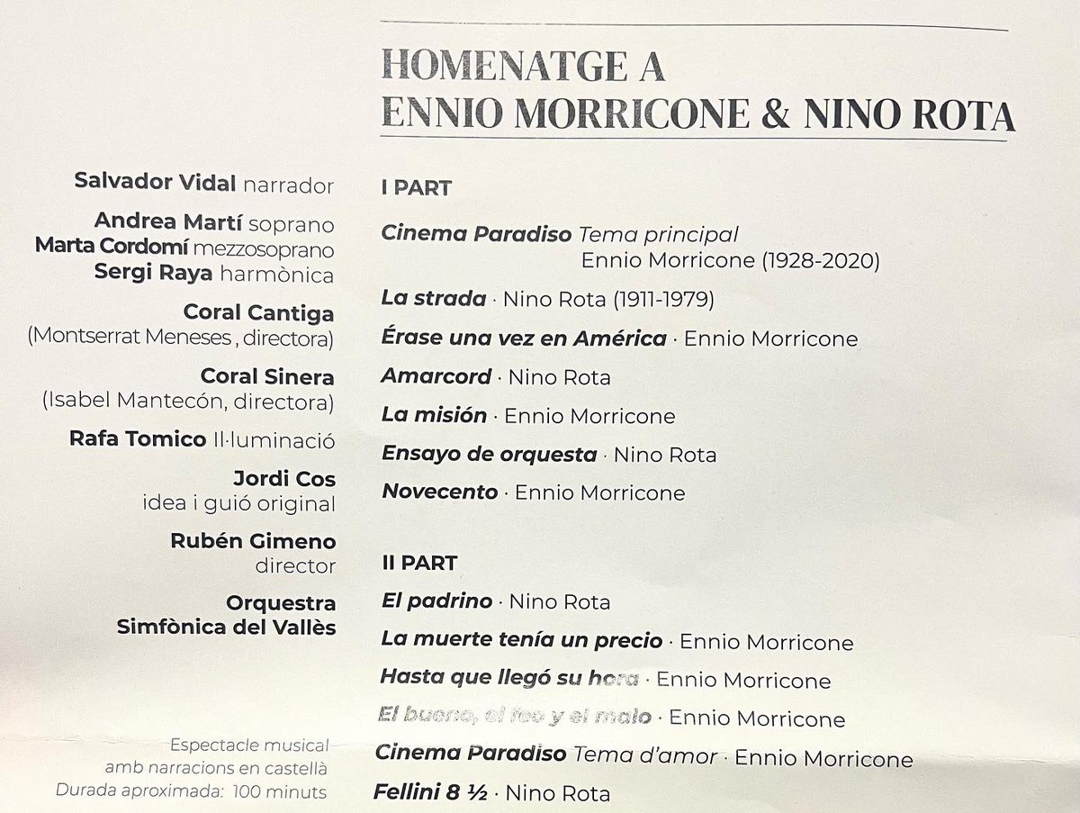 Fantàstic concert aquesta tarda al Palau de la Música. “Homenatge a Ennio Morricone &amp; Nino Rota” viure així la música d’aquests mestres es brutal. Gran <a href="/OSValles/">Simfònica del Vallès (OSV)</a> superb Salvador Vidal, i les veus de <a href="/CoralCantiga/">Coral Cantiga</a> i <a href="/CoralSinera/">Coral Sinera</a> El dia 3 de desembre hi tornen. Us el recomano.
