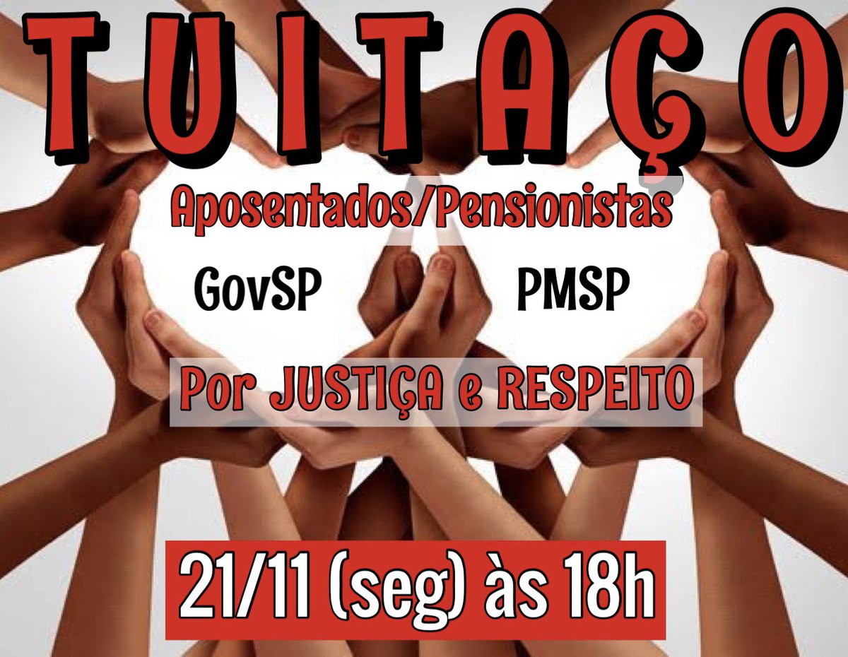 larissasegundo1's tweet photo. Aposentados/Pensionistas GovSP e PMSP:
🚨🚨IMPORTANTE !!!
Segunda 21/11 às 18h tem TUITAÇO. Juntos por JUSTIÇA e RESPEITO a todos NÓS! Participe #AlespEstamosAqui https://t.co/aawZI8lPyn