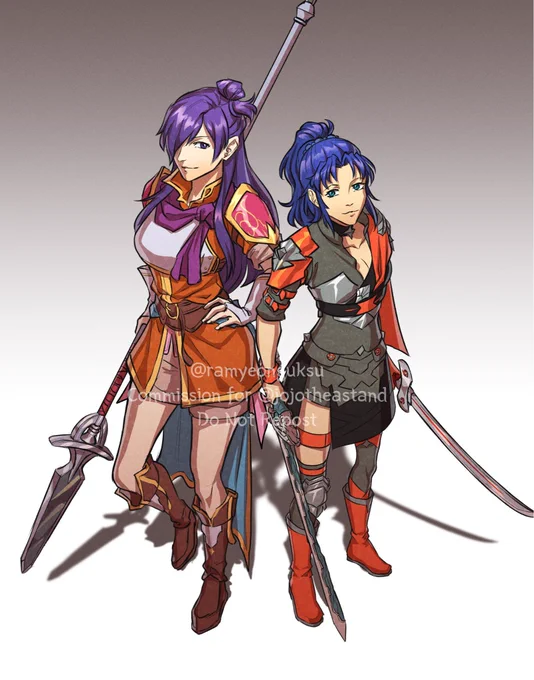 Commission for  of F!Shez and F!Kris but their outfits and weapons are switched!Thanks for commissioning me! 