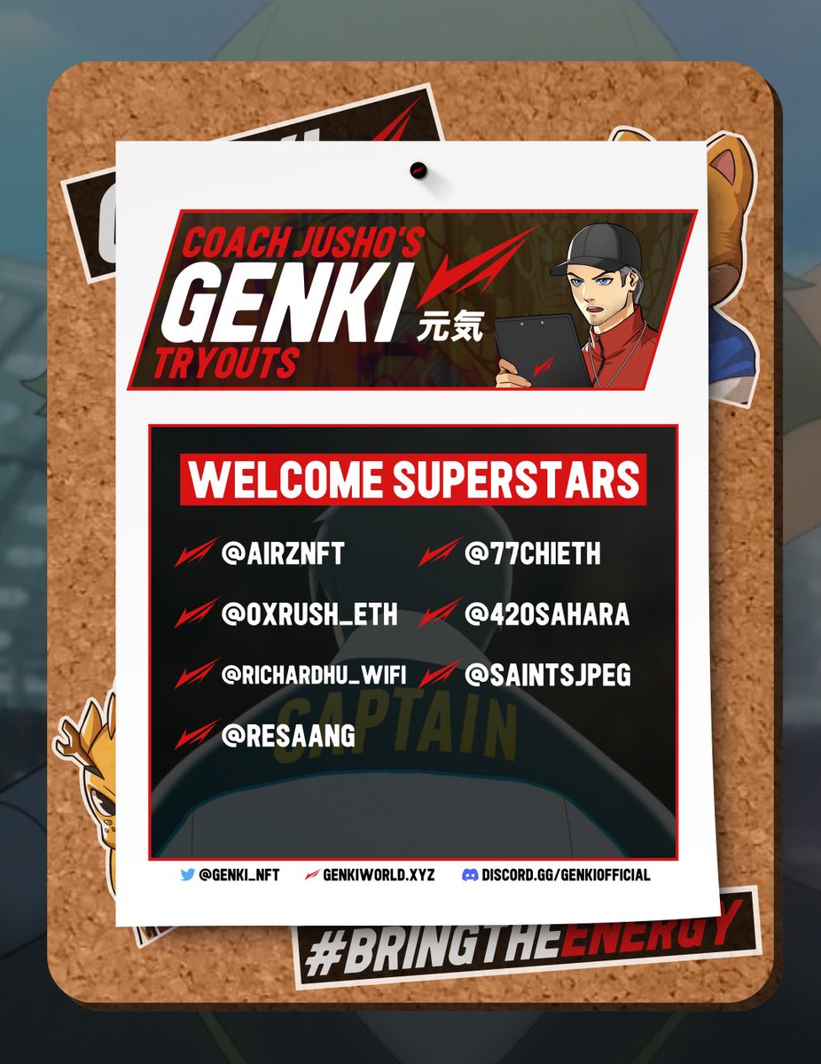 Welcome the newest superstars of <a href="/Genki_NFT/">Genki</a> !

<a href="/AIRZnft/">Airz</a> 
<a href="/0xRush_Eth/">Rush (🌊,🌘)</a> 
<a href="/richardhu_wifi/">RichardHu</a> 
<a href="/resaang/">Resaang</a> 
<a href="/77chiEth/">77CHI</a> 
<a href="/420sahara/">Sahara420</a> 
<a href="/SaintsJPEG/">SaintsNFT</a> 

We look forward to having you #BringTheEnergy ⚡