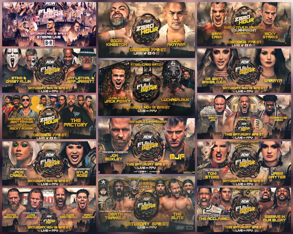 Ms_Bad_Jedi's tweet photo. The card for tonight's #AEWFullGear, live on PPV:
#AEW #AllEliteWrestling #WatchROH #HonorIsReal #RingOfHonor #AEWFullGear https://t.co/cbMaVFs7DM