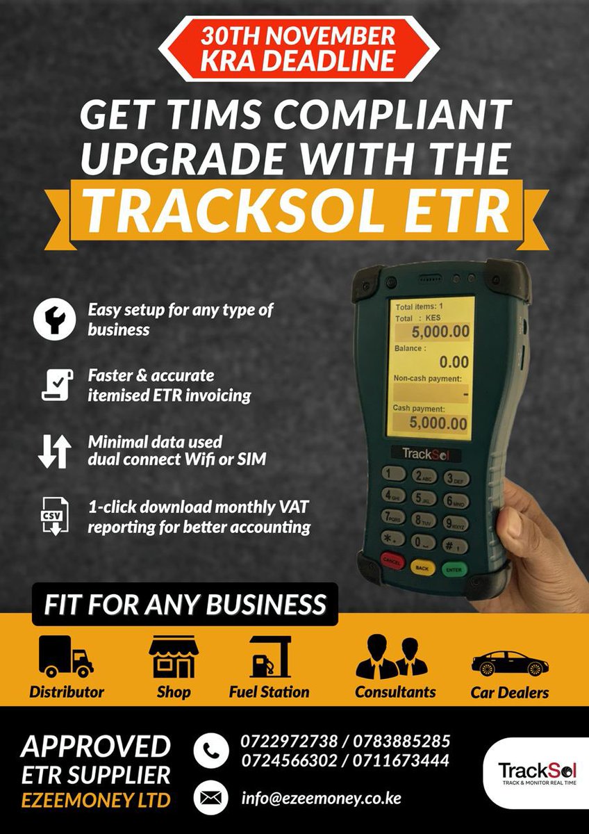 TracksolTIMS's tweet photo. Want to know more about how the new KRA APPROVED TIMS ETR works? check out this vid from Tracksol

📹🔗 https://t.co/FBrZvEdIby

Touchscreen menu ✅
Quick setup for any type of biz ✅

Order today &amp; upgrade to better 🎉
☎️ 0722972738 / 0783885285

@KRACare 
#KRAnaTIMS
#ETRupgrade https://t.co/PVnDAaFMT7
