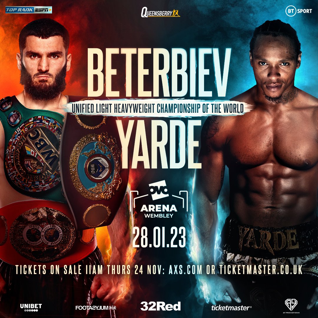 FrankWarren's tweet photo. 🔥 𝐈𝐭'𝐬 𝐨𝐧! 🔥

Artur Beterbiev (100% KO Record) ⚔️ @mranthonyyarde (88% KO Record)

Don't miss this mega-clash, Sign-up for ticket alerts -> https://t.co/iXtU8UuPlE

#BeterbievYarde | 28 January | Live on @btsport https://t.co/3MPeeglTHJ