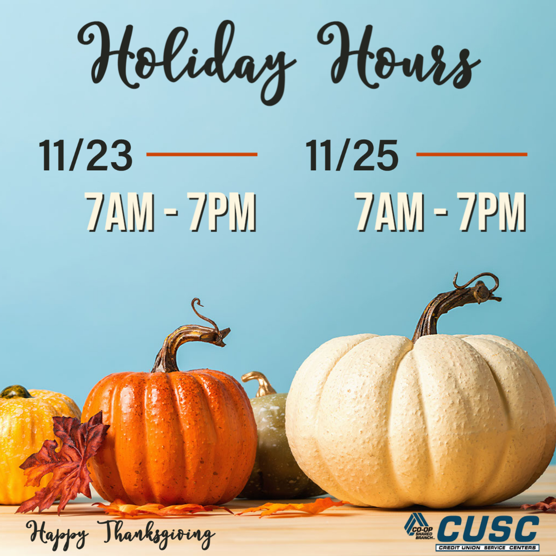 All five standalone branches will be closed on Thanksgiving Day. We are open regular hours on Wednesday and Friday. Come by and see us! [Norman Hours are 9:00 - 7:00] #sharedbranching #cuscoklahoma #CreditUnion #happythanksgiving