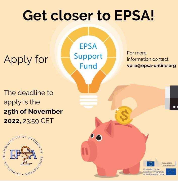 #EPSA | EPSA Support Fund 

Θες να διεκδικήσεις 50% έκπτωση στο registration fee σου για το ερχόμενο EPSA Annual Congress στο Podčetrtek της Σλοβενίας ;;

⏳Μέχρι τις 25/11!
🔗 eu.jotform.com/form/632322554…

#EPSA #AnnualCongress #SupportFund #students #pharmacists #congress #gpsf